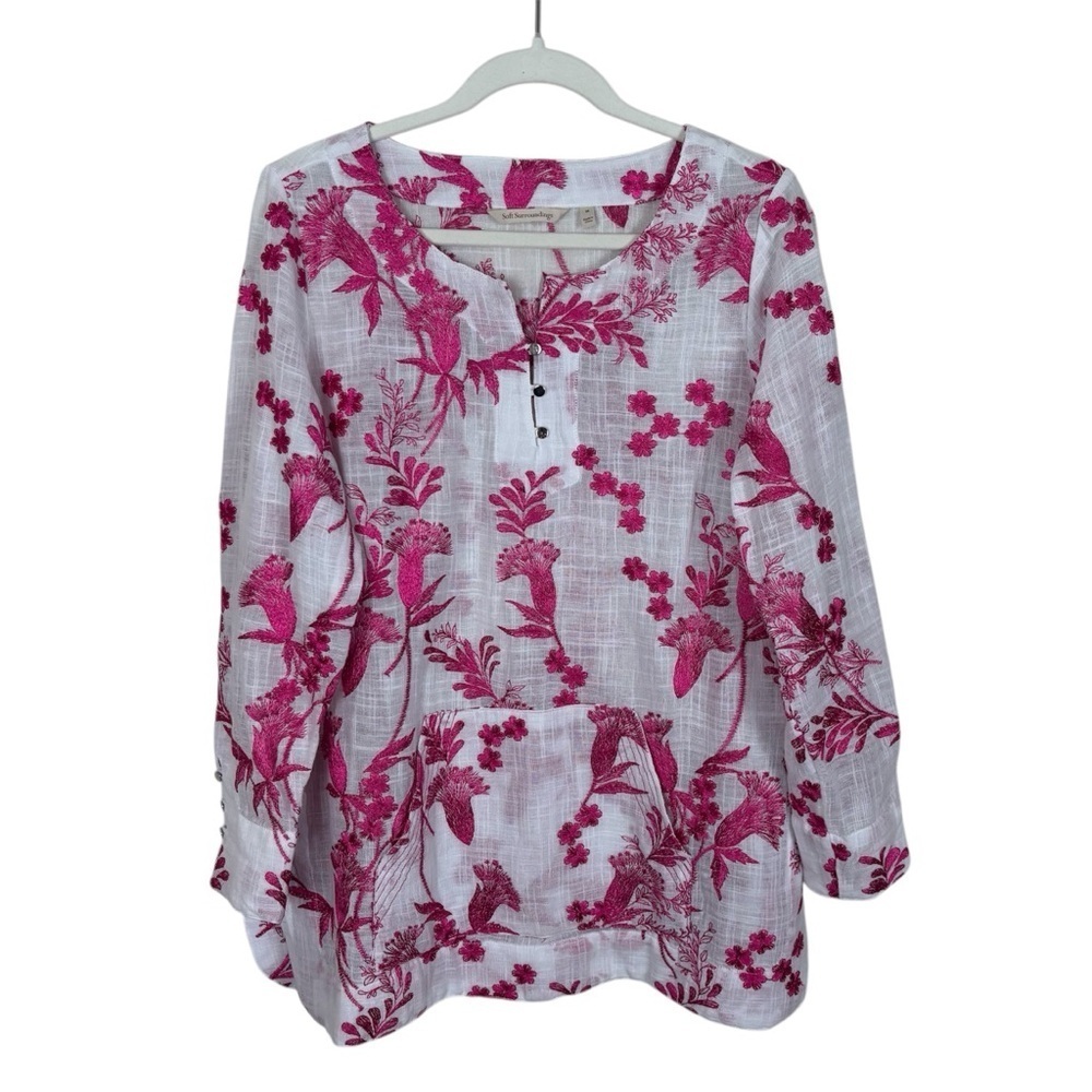 Soft Surroundings Top Women’s Sz M Etienne Tunic White And Pink Embroidered